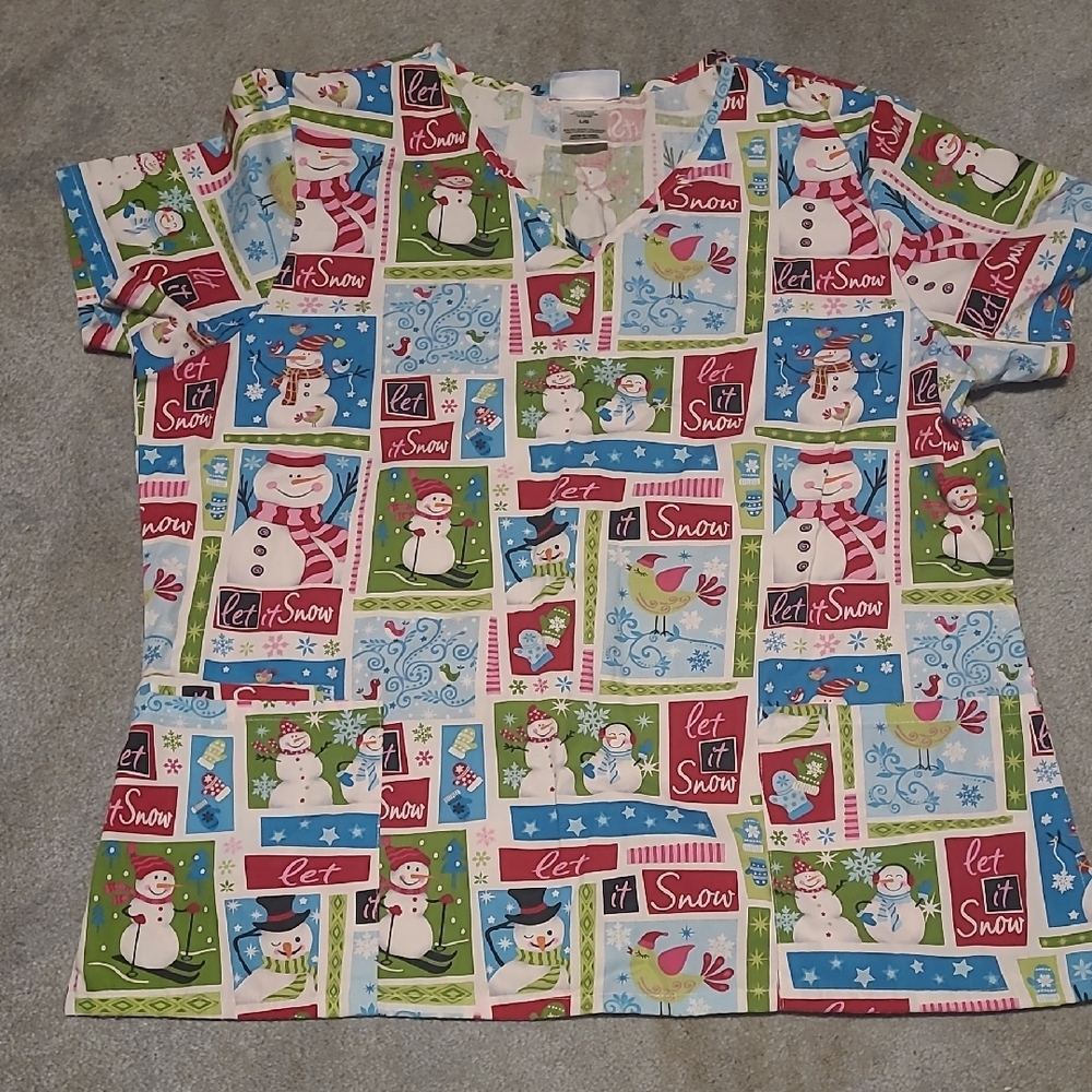 SB Scrubs Red and Blue Scrub Top with Whimsical Snowman Design